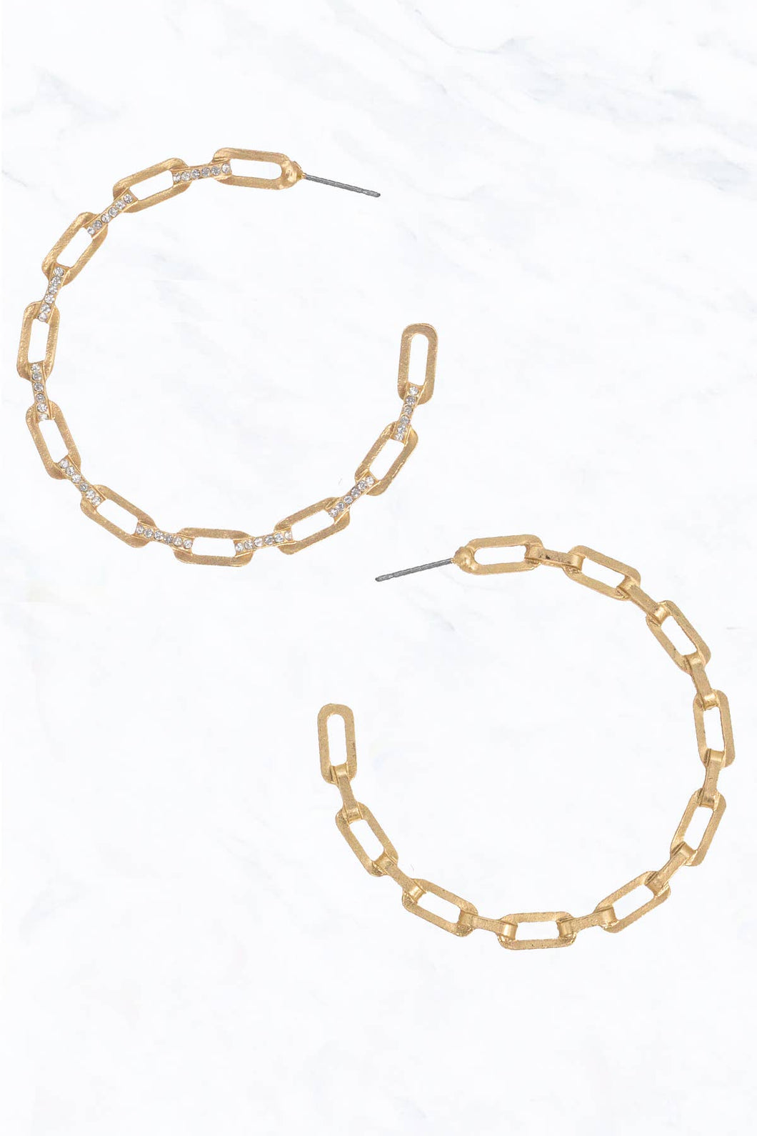 Linked Chain with Rhinestones Open-End Hoop Earrings