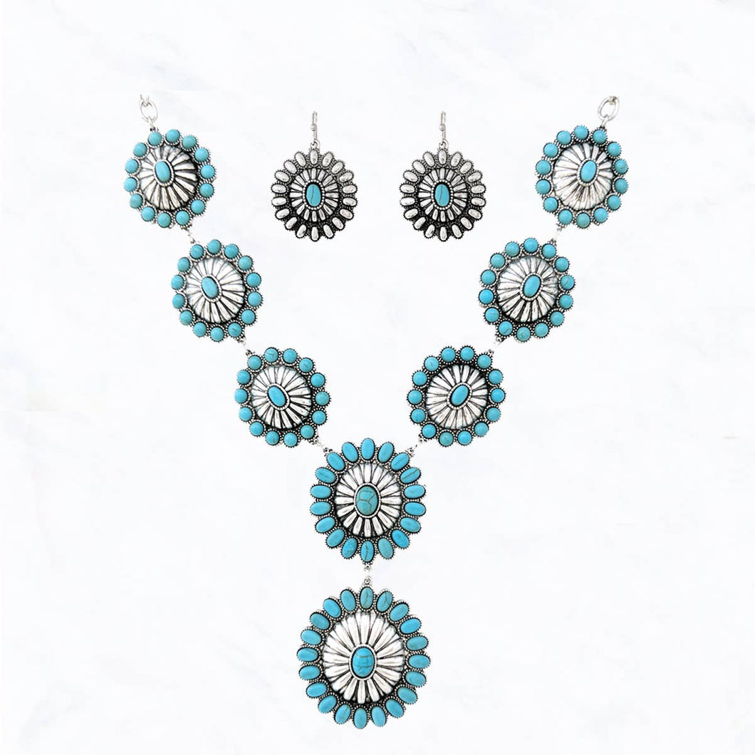 Western Hand Craft Turquoise Stone, Concho Necklace Earrings