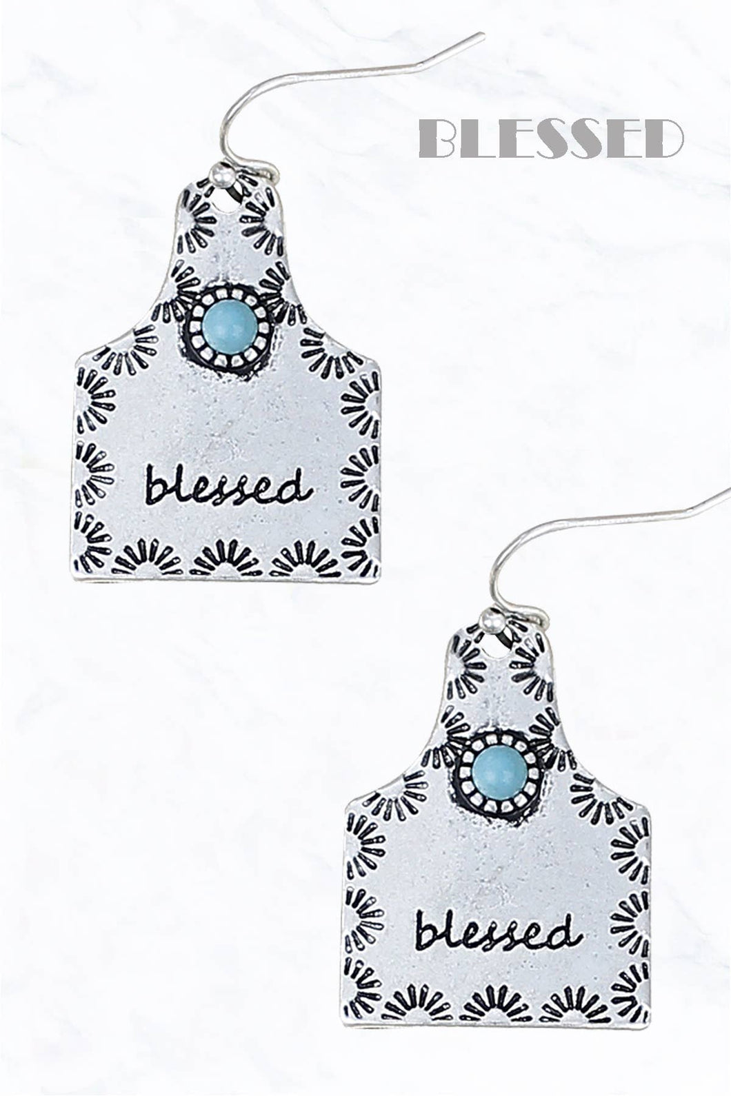 BLESSED Metal Cow Tag, Turquoise Stone Western Earrings