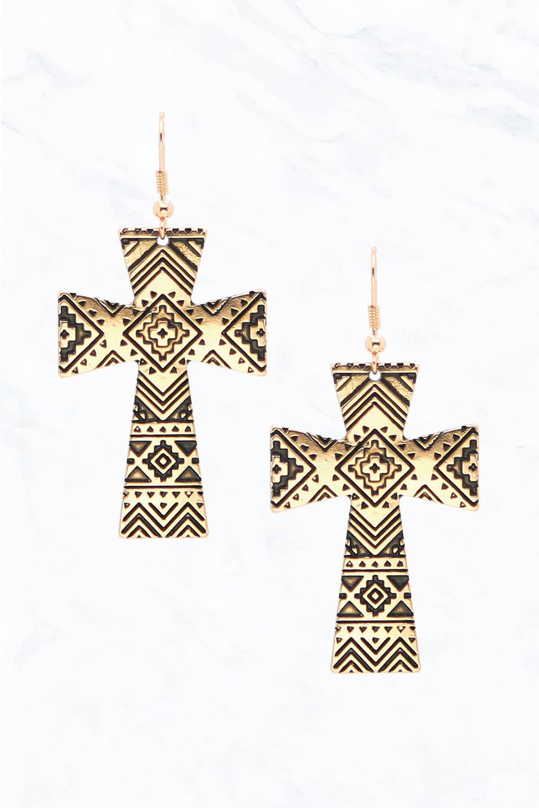 Aztec Pattern Metallic Cross Western Earrings