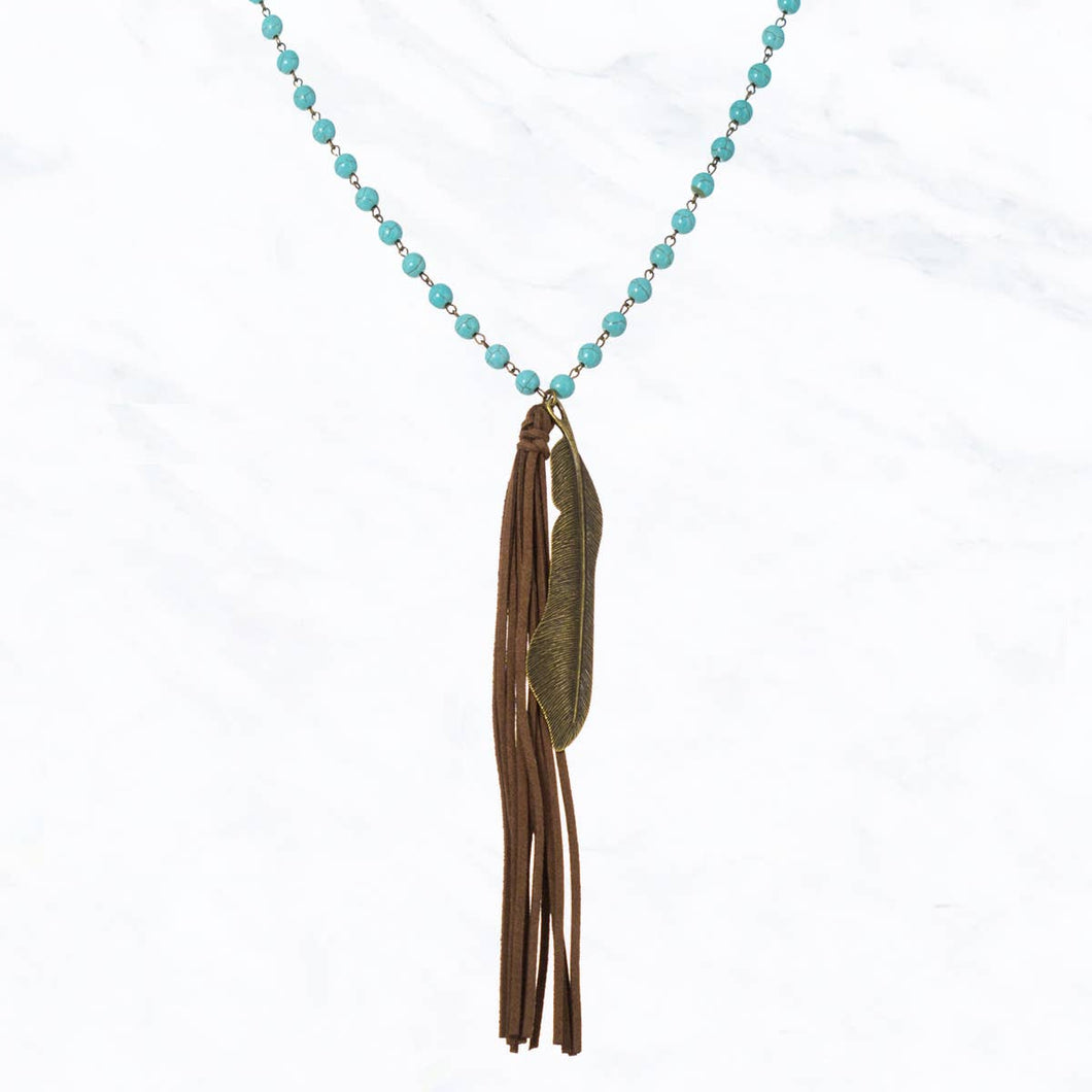 Metal Feather Charm And Leather Tassel Necklace