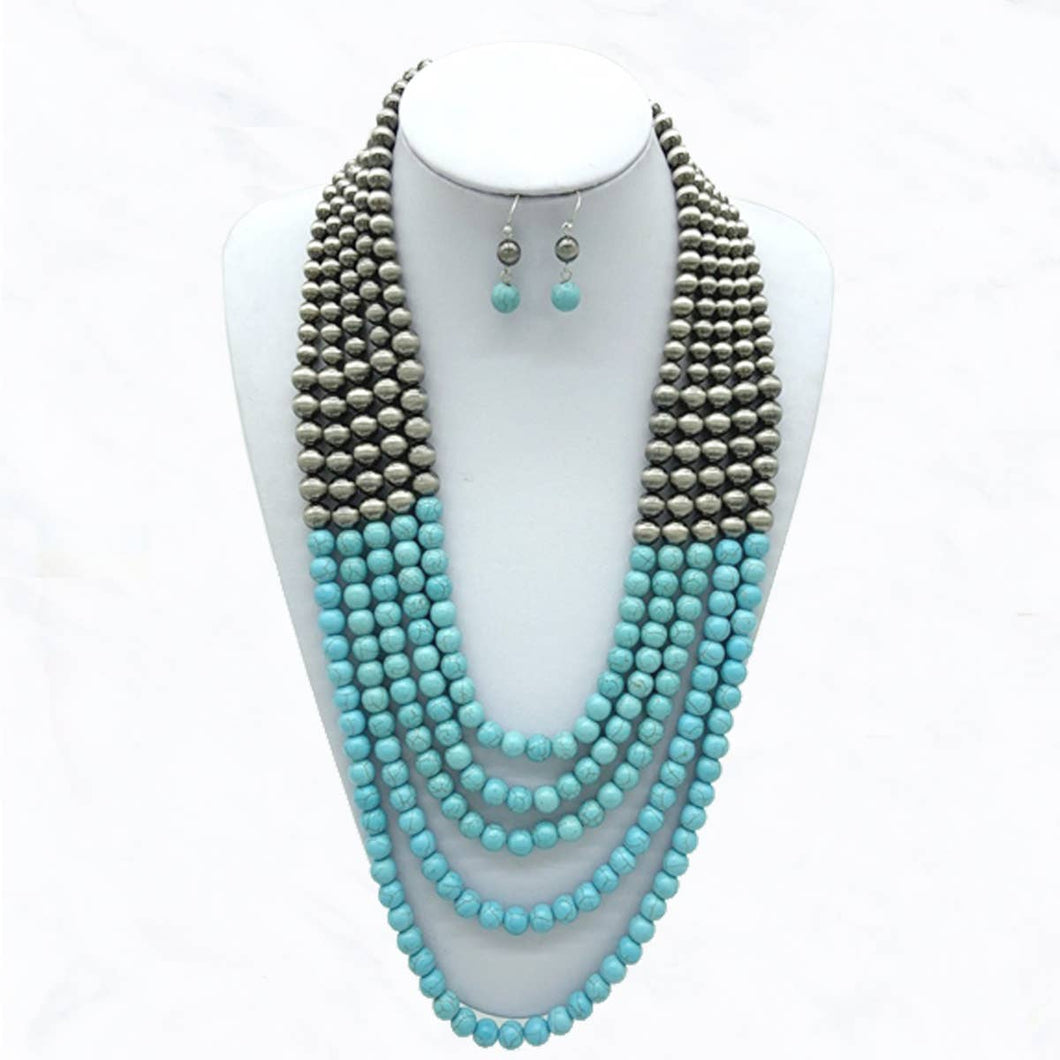 5 Strand Turquoise Stone, Western Pearl Necklace Earring Set